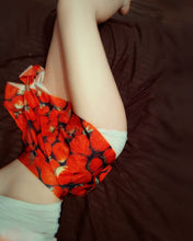 Load image into Gallery viewer, melissa with upskirt photo of strawberry miniskirt and lace panties on bed with white legs by MelKimBrown - worn panty seller - used panties Mel Kim Brown MelKim Brown Mel KimBrown Mel Brown